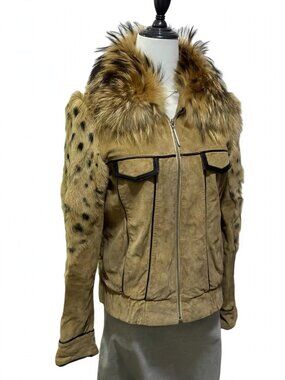 Vintage Leopard Print Pig Leather and Wool Jacket with Raccoon Dog Fur Collar